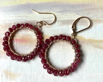 Ruby Hoop Earrings, Ruby Earrings, Gold Hoop Drop Earrings, Genuine Ruby Earrings, Natural Gemstones, 1 1/4 inch Hoops, Minimalist Hoops