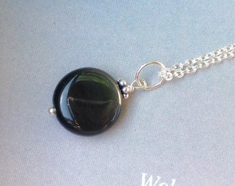 Coin Obsidian Pendant necklace, 11mm,  Sterling Silver, Genuine Obsidian Gemstone, Natural Gemstones, Onyx, black gemstone