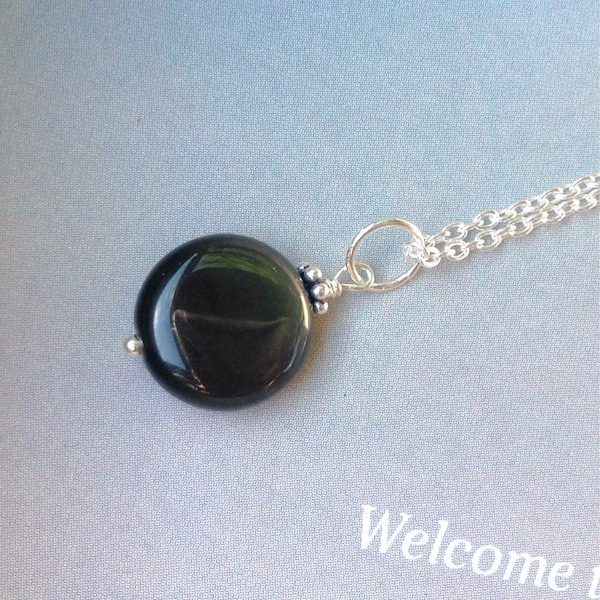 Coin Obsidian Pendant necklace, 11mm,  Sterling Silver, Genuine Obsidian Gemstone, Natural Gemstones, Onyx, black gemstone