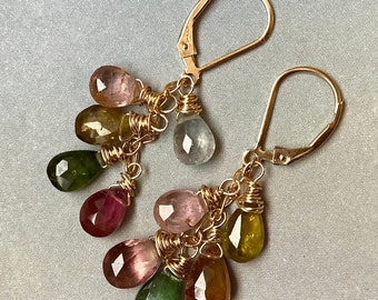 Tourmaline Earrings, Cascade Tourmaline Earrings, Watermelon Tourmaline, Gold Filled, October Birthstone, Dangle Tourmaline Earrings