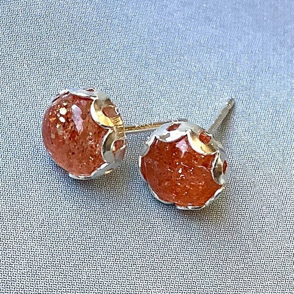 Sunstone Earrings, Sterling Silver, 6mm Confetti Sunstone Stud Earrings in Gallery Wire Bezel Setting,  Natural Sunstone, Gift for Mom