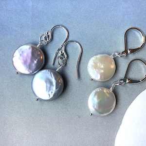Disk Pearl Earrings in Sterling Silver, Grey, Peacock Blue, White Pearl Earrings, June Birthday gift, Bridal Party Jewelry, Bridesmaid gift