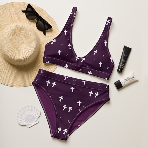 Punk Goth Grunge Dark Purple Crosses Recycled High-waisted Bikini / Festival Wear