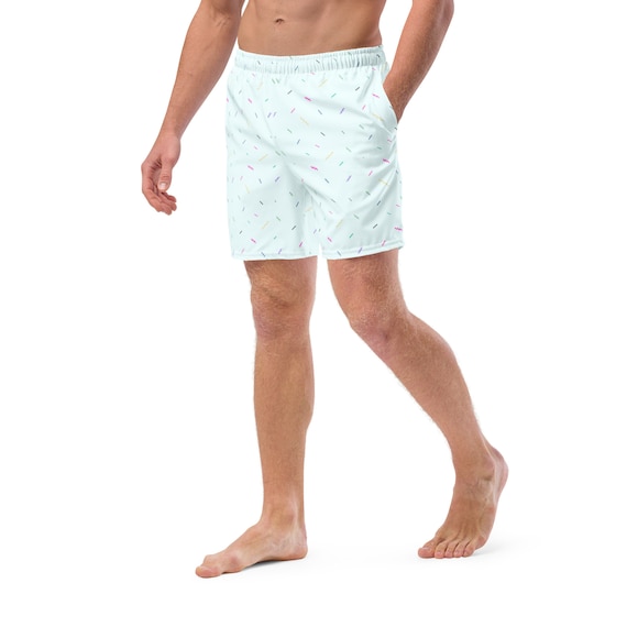 Light Teal Retro Print 80s/90s Style Swim Trunks