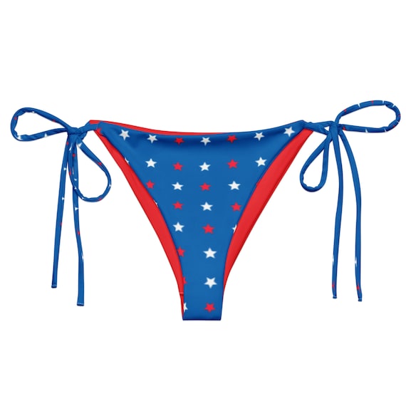 Retro Blue Stars Recycled String Bikini Bottom, USA Fourth of July