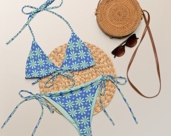 Retro 70s Neon Floral Mod Print Recycled String Bikini / Festival Wear
