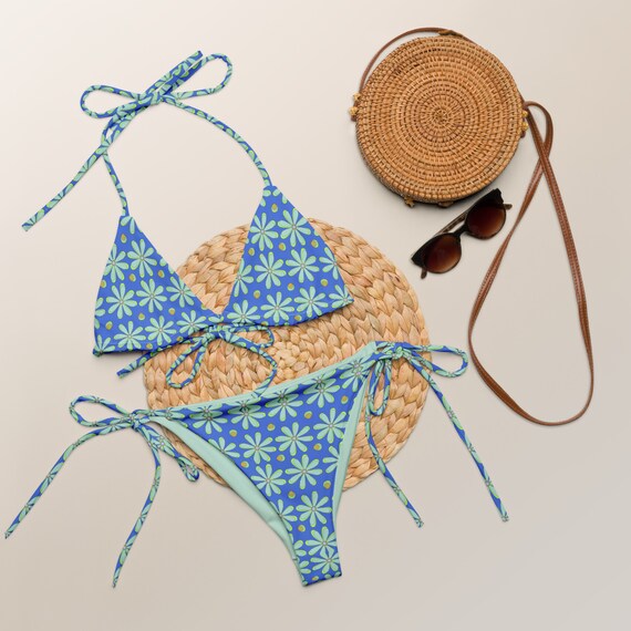 Retro 70s Neon Floral Mod Print Recycled String Bikini / Festival Wear