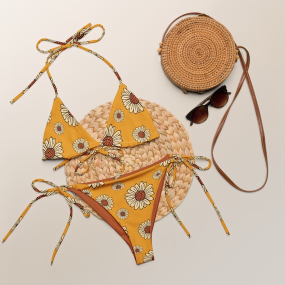 Retro Sunny Yellow Flower 70s Vibe Recycled String Bikini and Festival Wear