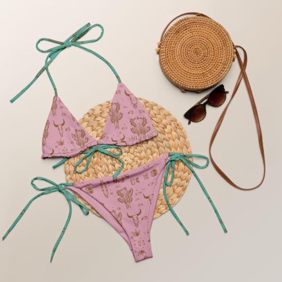 Southwestern Dusty Purple Recycled String Bikini set with Teal Accent / Festival Wear
