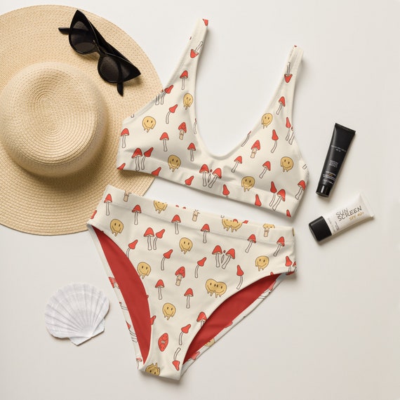 90s Rad Drippy Smile Mushroom Print Recycled High-Waisted Bikini