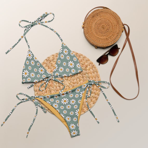 Retro Yellow Flower Child 70s Style Recycled String Bikini / Festival Wear