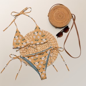 Yellow Floral Retro Print Recycled String Bikini / Festival Wear