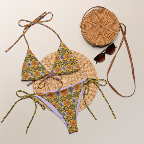 Retro Yellow/Purple Floral Print 70s Inspired Recycled String Bikini Festival Wear