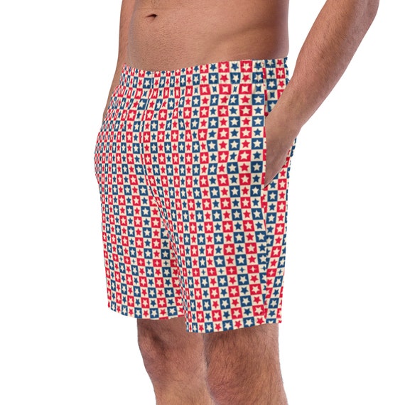 Retro Blue + Red Star Print USA Fourth of July Recycled Men's Swim Trunks