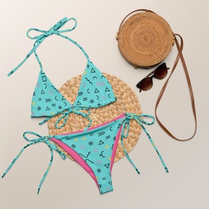90&#39;s Rad Retro Teal Patterned Print Recycled String Bikini / Festival Wear