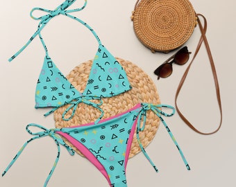 90's Rad Retro Teal Patterned Print Recycled String Bikini / Festival Wear