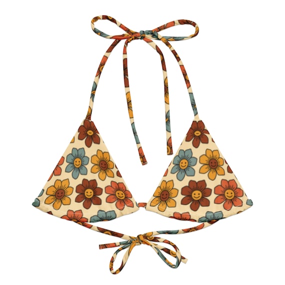 TOP ONLY! Retro Smiley Rainbow Flowers 70s Vibe Recycled String Bikini TOP / Festival Wear