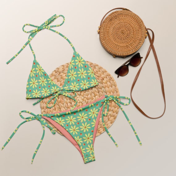 70s Retro Neon Green/Yellow Mod Floral Recycled String Bikini