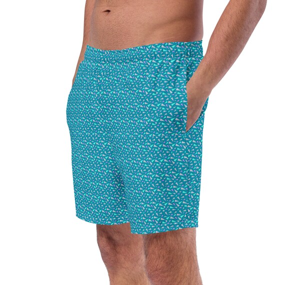 Teal Blue Asymmetrical 90s Retro Print Swim Trunks
