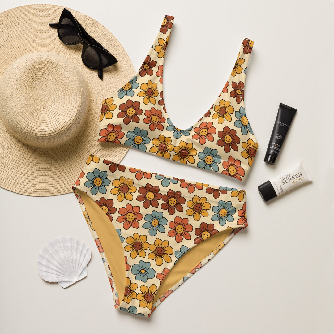 Retro Smiley Rainbow Flowers 70s Vibe Recycled High-waisted Bikini