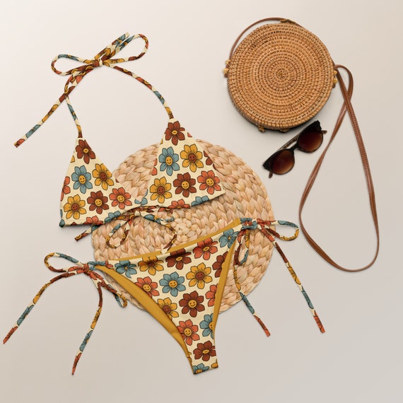 Retro Smiley Rainbow Flowers 70s Vibe Recycled String Bikini / Festival Wear