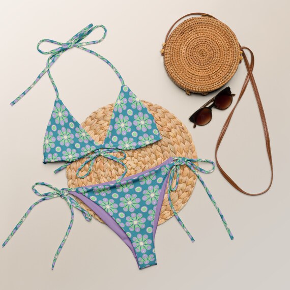 Retr 70s Vibe Purple / Green Funky Floral Recycled String Bikini and Festival Wear