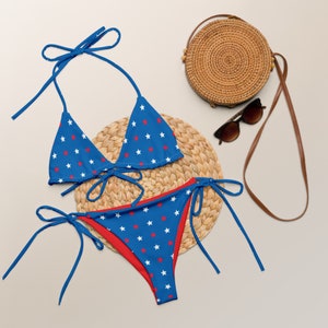 Retro Blue Stars USA Fourth of July Recycled String Bikini / Festival Wear