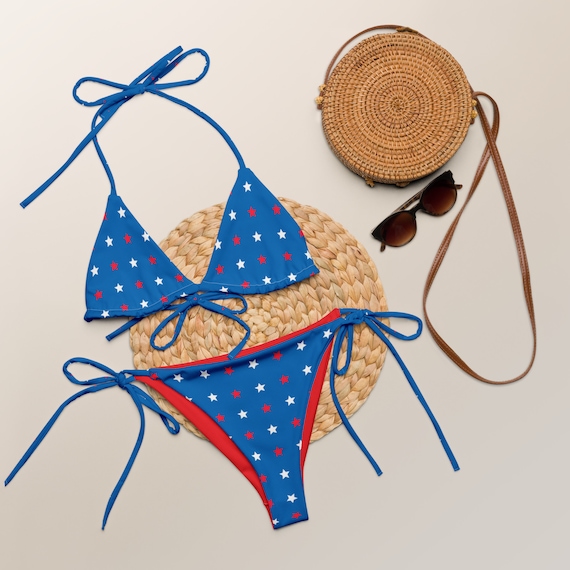 Retro Blue Stars USA Fourth of July Recycled String Bikini / Festival Wear