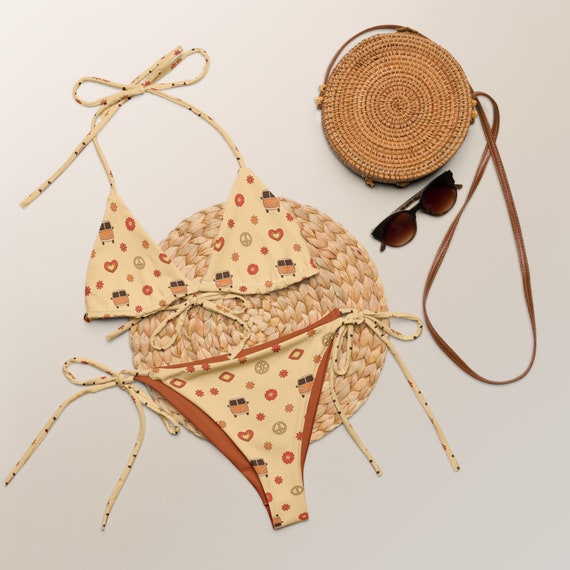 Retro 70s Vibe Bus, Hearts & Peace Sign Print Recycled String Bikini / Festival Wear