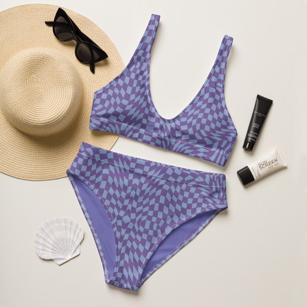 Purple/Blue 90s Rad Retro Checkered Print Recycled High-Waisted Bikini