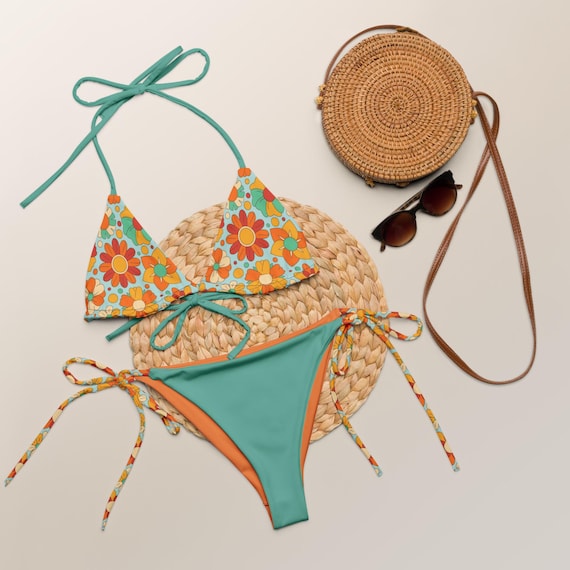 Retro 70s Vibe Teal / Burnt Orange Floral Recycled String Bikini set / Vintage Festival Wear
