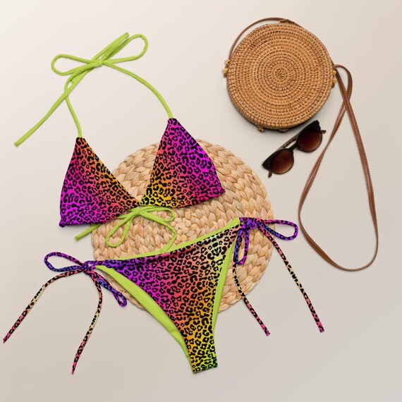 Neon Leopard Print Print Recycled String Bikini / Festival Wear