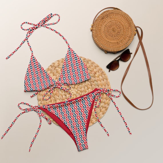 Red White & Blue Stars Recycled String Bikini: Fourth of July Festival Wear