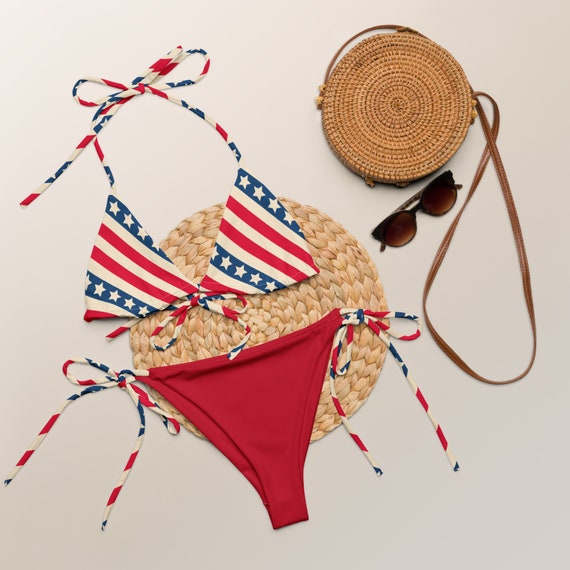 Recycled String Bikini: Retro USA Stars and Stripes, Festival Wear