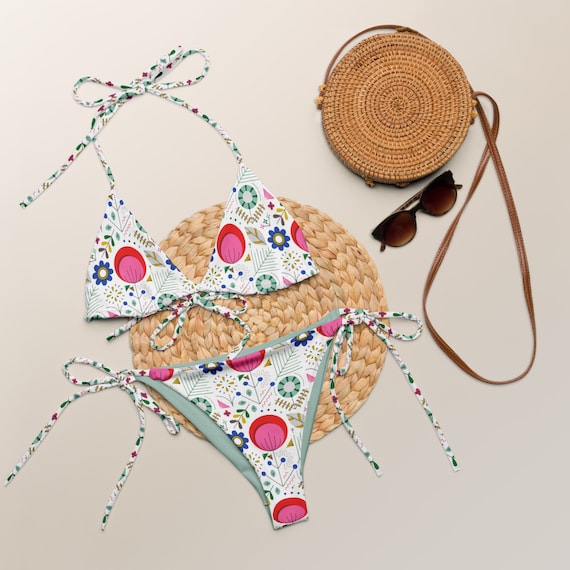 Retro Floral Symmetrical Print Recycled String Bikini / Festival Wear