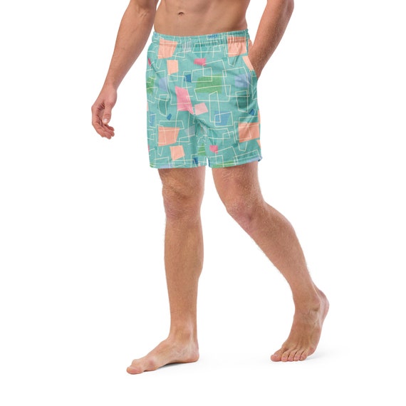Blue Teal Retro Style Colorblock Print Swim Trunks