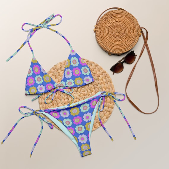 Retro Neon Blue Floral 70s Vibe Recycled String Bikini / Festival Wear
