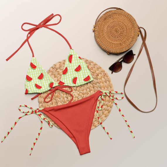 Watermelon Print Green and Rust Recycled String Bikini set / Festival Wear