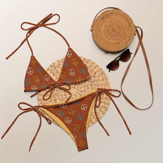 Retro 70s Style Peace Sign Recycled String Bikini and Festival Wear