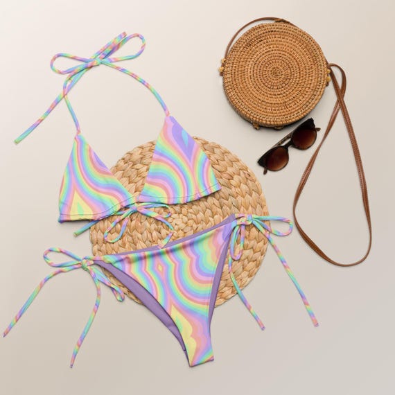 Psychedelic Wavy Neon Rainbow Recycled String Bikini / Festival Wear