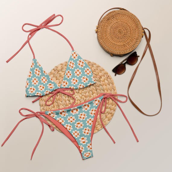 Retro 70s Floral Recycled String Bikini Set – Dusty Blue, Rust Festival Wear