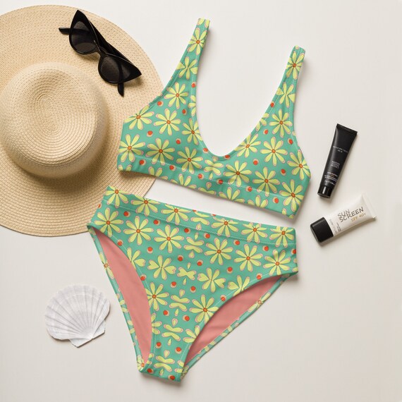 70s Retro Neon Green/Yellow Mod Floral Recycled High-waisted Bikini / Festival Wear