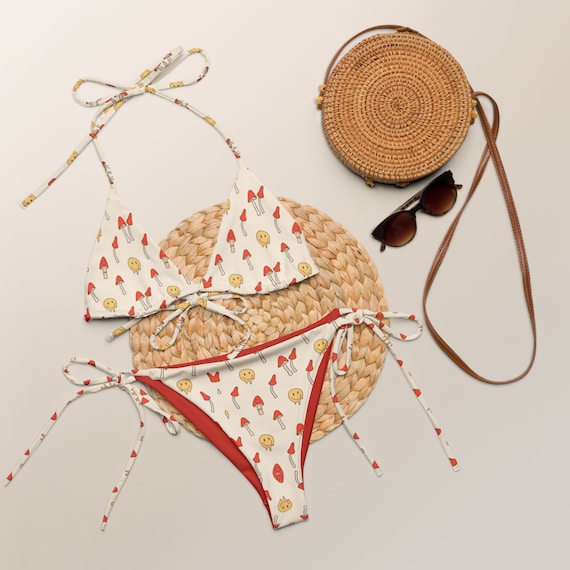 90's Rad Drippy Smile Mushroom Print Recycled String Bikini / Festival Wear