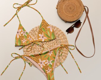 Pink / Gelb Blumen Recycled String Bikini / Festival Kleidung