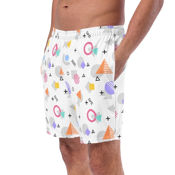 90s Retro White Funky Print Men's Recycled Swim Trunks