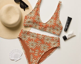 70er Jahre Retro Orange Flower Peace Zeichen Print Top & Bottom High-Waisted Bikini recycelt