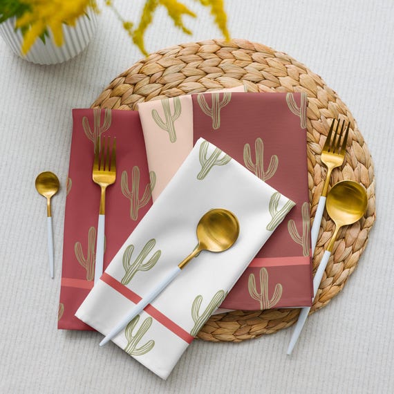 Cactus Print Cloth Napkins Set | Rust Blush Boho Desert Dinnerware (Set of 4)