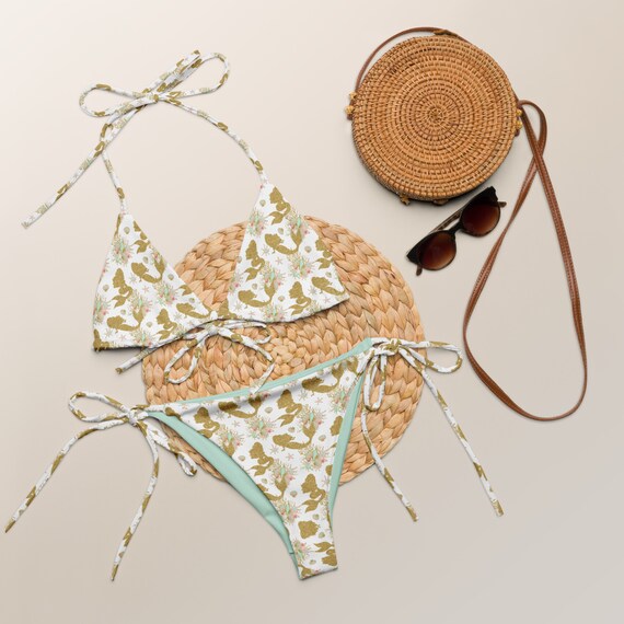 White/Gold Mermaid Print Recycled String Bikini / Festival Wear