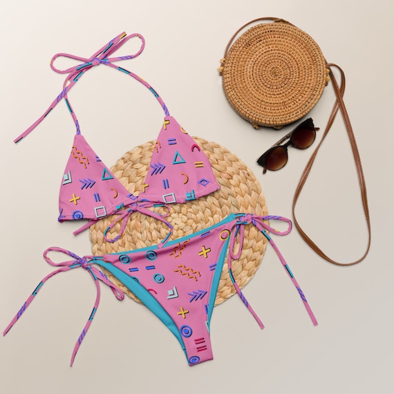 90's Rad Retro Pink + Teal Patterned Print Recycled String Bikini / Festival Wear