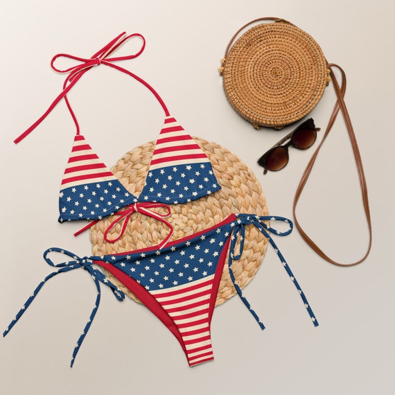 Retro American Flag Recycled String Bikini / Festival Wear / Fourth of July Wear